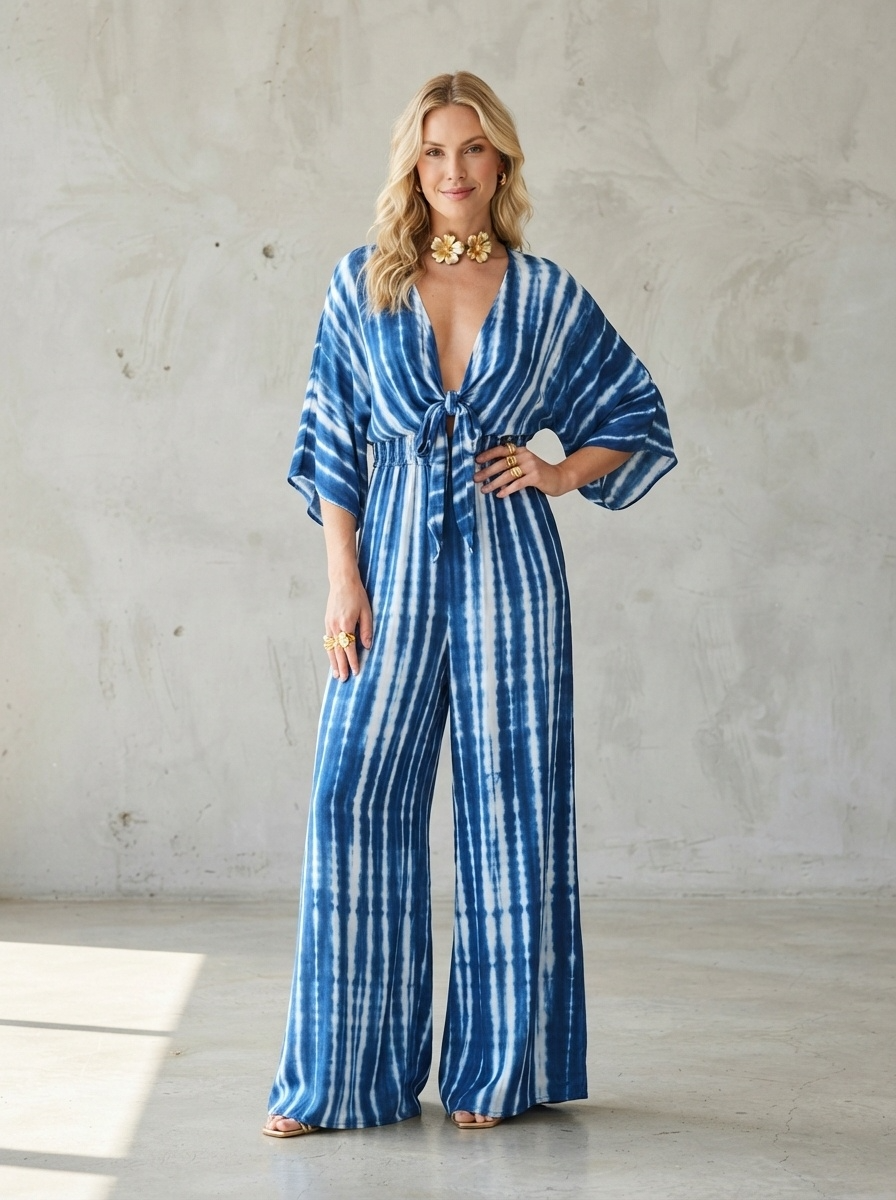 Blue and white tie-dye kimono jumpsuit with plunging neckline and elasticated waist - Velara UK