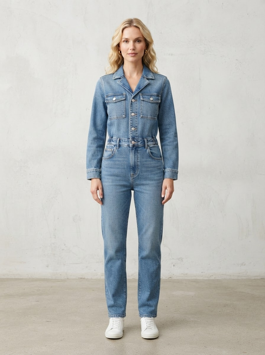 Light blue denim jumpsuit with button front, chest pockets and long sleeves front view - Velara UK
