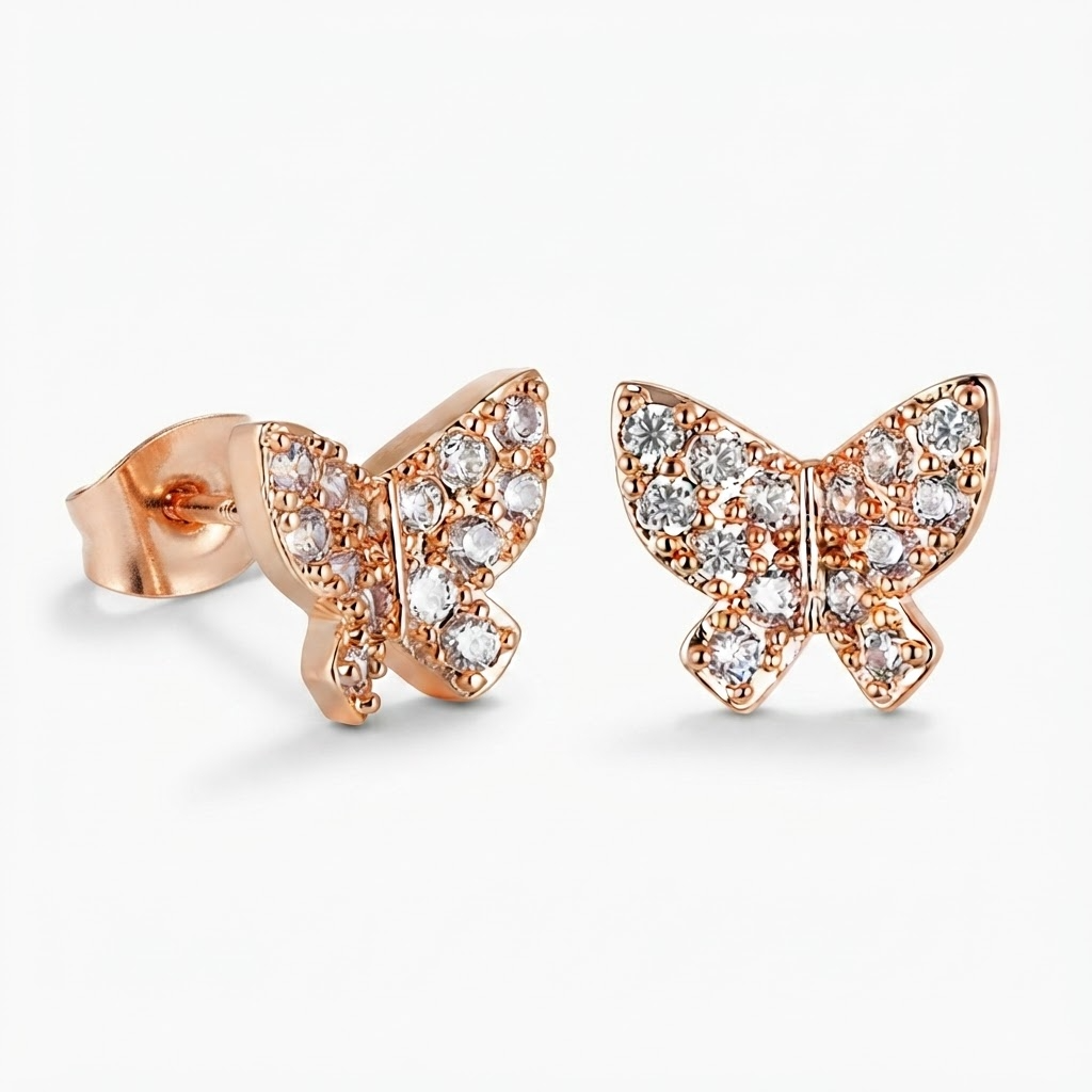 Rose gold-toned butterfly stud earrings with pavé crystal stones - elegant small butterfly earrings completely encrusted with crystals - jewelry product photo