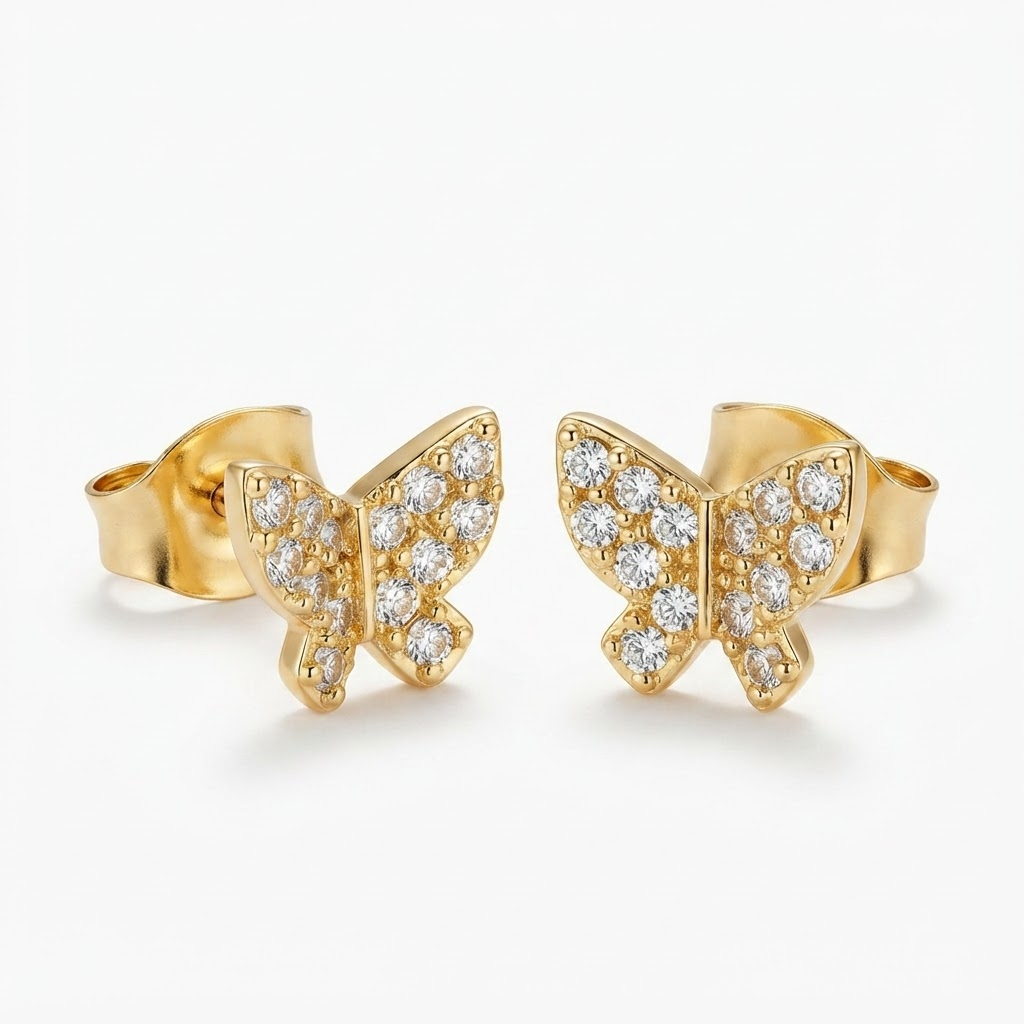 Gold-toned butterfly stud earrings with pavé crystal stones - elegant small butterfly earrings completely encrusted with crystals - jewelry product photo