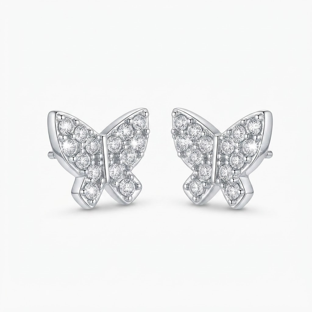 Silver-toned butterfly stud earrings with pavé crystal stones - elegant small butterfly earrings completely encrusted with crystals - jewelry product photo