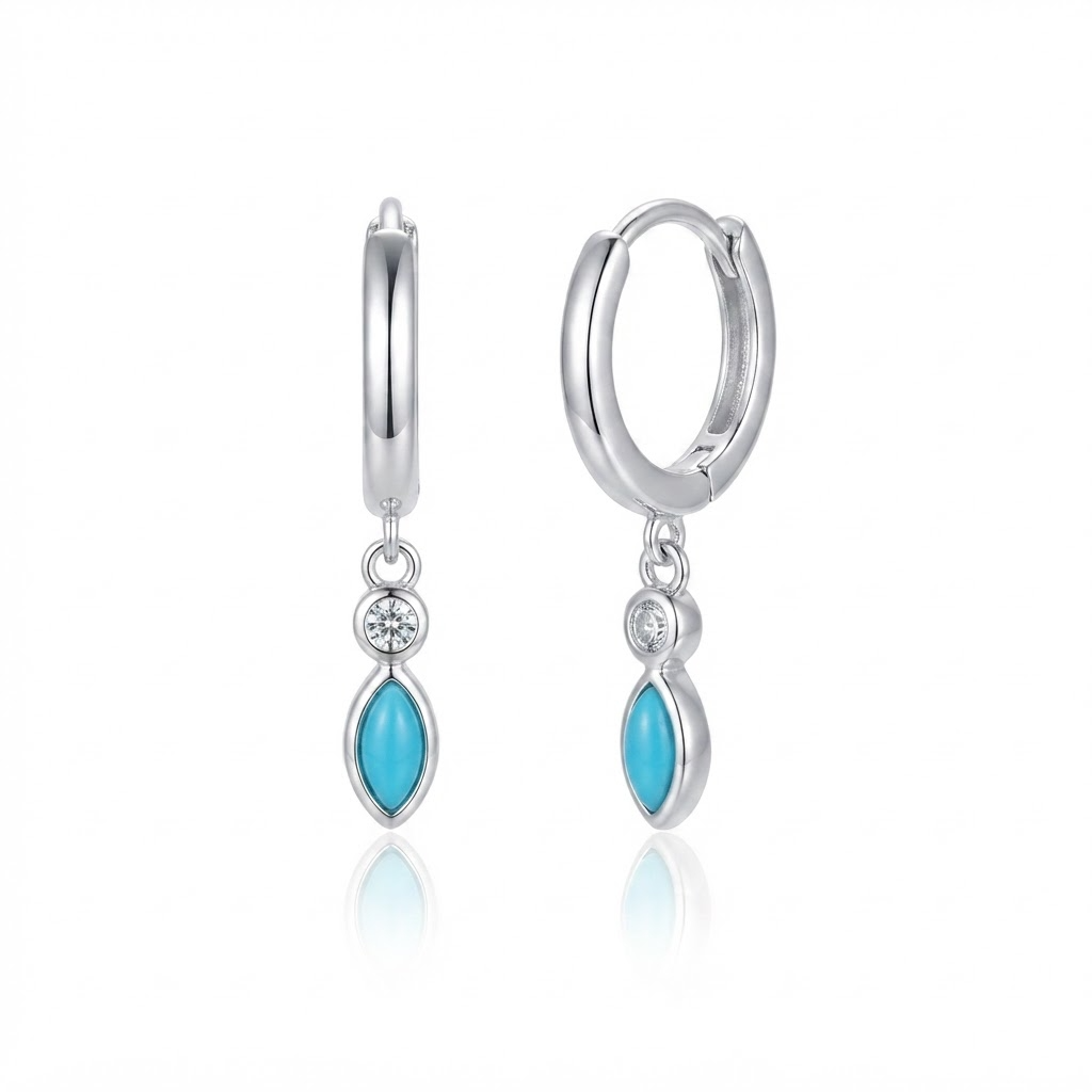 Silver-toned huggie hoop earrings with marquise turquoise stone and crystal accent - elegant small hoop earrings with dangling turquoise blue gemstone pendant - jewelry product photo