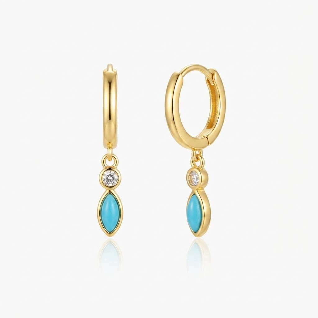Gold-toned huggie hoop earrings with marquise turquoise stone and crystal accent - elegant small hoop earrings with dangling turquoise blue gemstone pendant - jewelry product photo