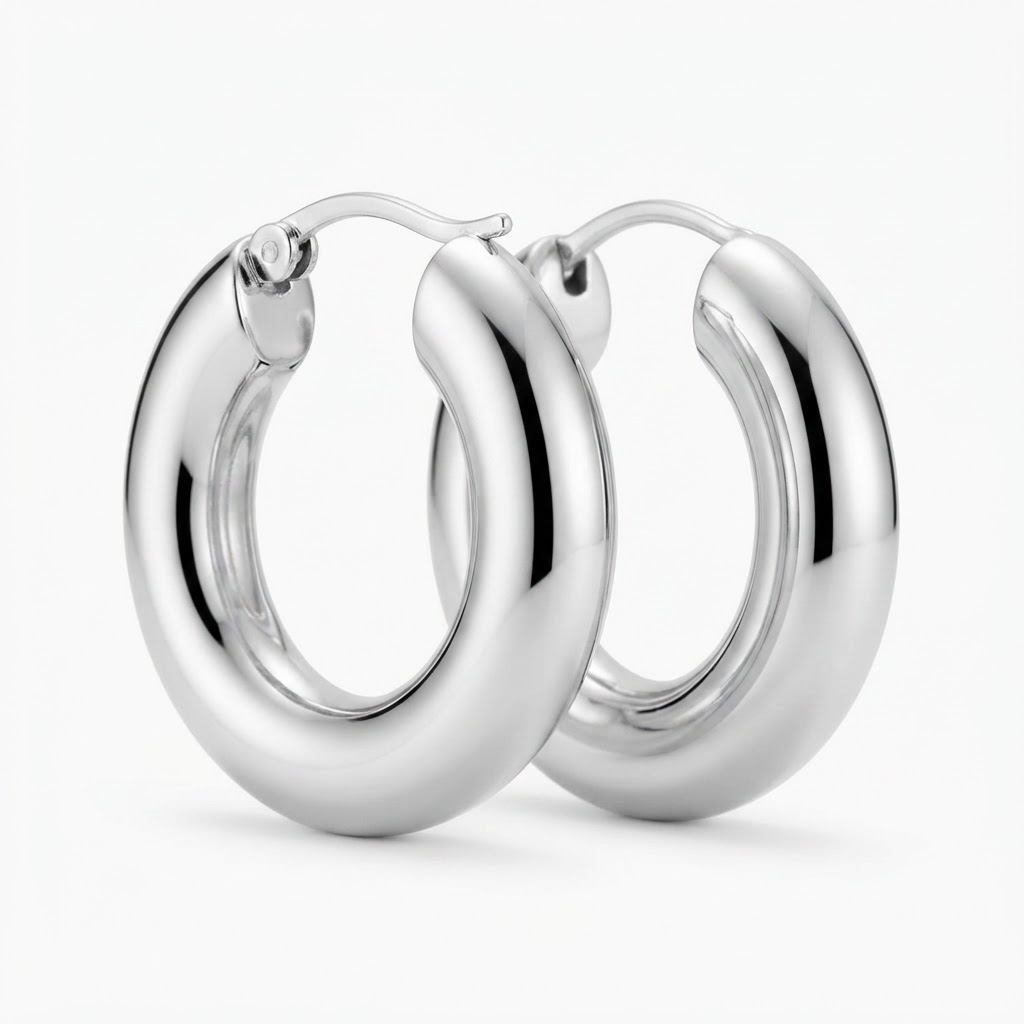 Silver-toned chunky hoop earrings detail - luxury wide hoop earrings with smooth polished finish - close-up product photography