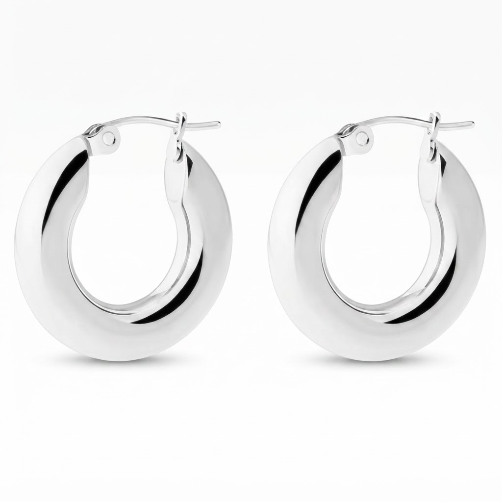Silver-toned chunky thick hoop earrings - elegant wide polished hoop earrings with rounded profile - jewelry product photo