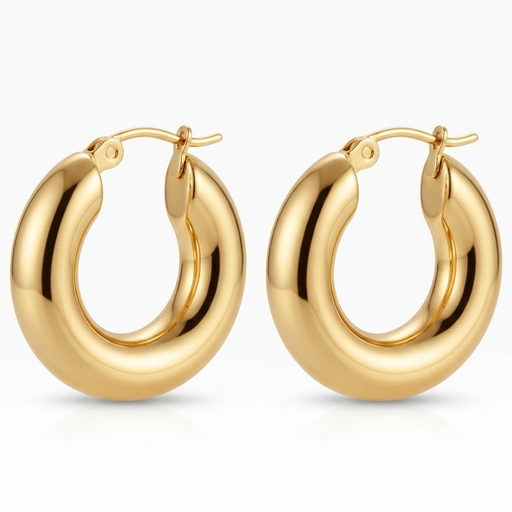 Gold-toned chunky thick hoop earrings - elegant wide polished hoop earrings with rounded profile - jewelry product photo