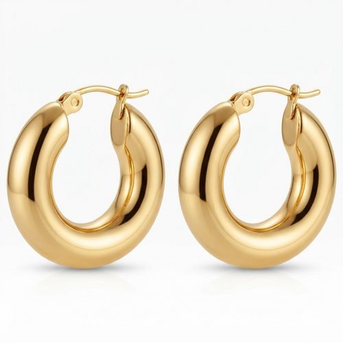 Gold-toned chunky thick hoop earrings - elegant wide polished hoop earrings with rounded profile - jewelry product photo