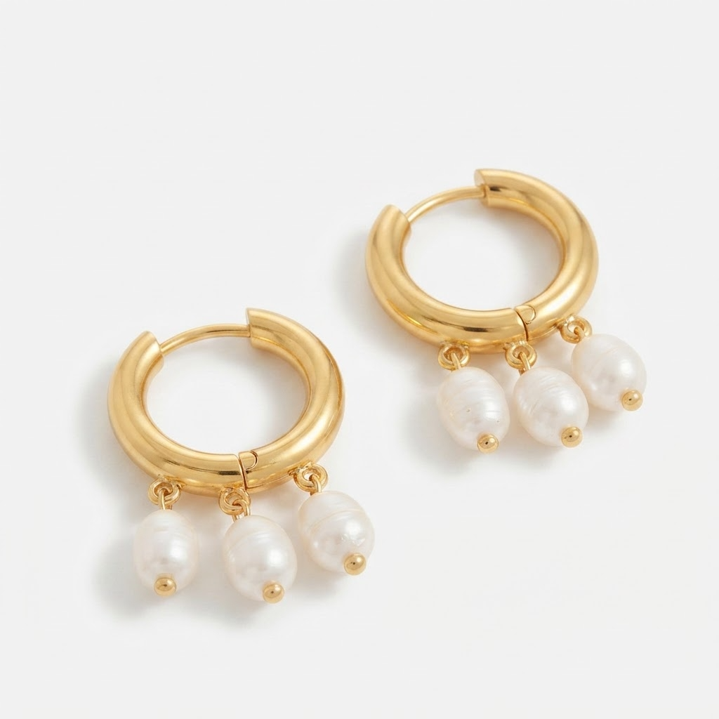 Gold-toned chunky hoop earrings with triple faux pearl detail - luxury wide hoop earrings with three hanging pearl drops - close-up product photography