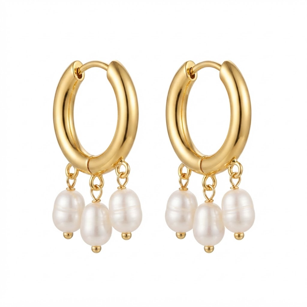 Gold-toned chunky thick hoop earrings with three faux pearl drops - elegant wide polished hoop earrings with dangling baroque pearl beads - jewelry product photo