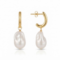 Gold-toned J-hoop earrings with large baroque faux pearl drop - elegant curved hoop earrings with lustrous pearl pendant - jewelry product photo