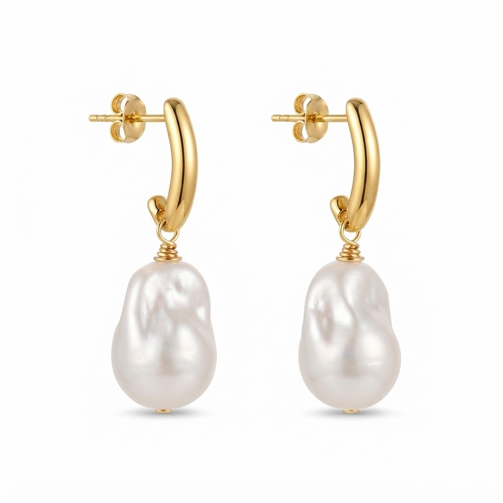 Gold-toned J-hoop earrings with baroque faux pearl detail - luxury curved hoop earrings with wire-wrapped pearl drop - close-up product photography