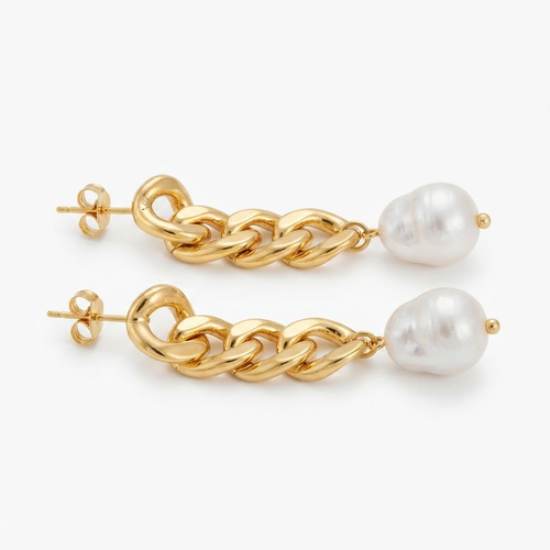 Gold-toned chunky chain link earrings with baroque faux pearl detail - luxury bold curb chain earrings with pearl drop - close-up product photography