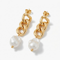 Gold-toned chunky curb chain link stud earrings with baroque faux pearl drop - bold chain link earrings with lustrous pearl pendant - jewelry product photo
