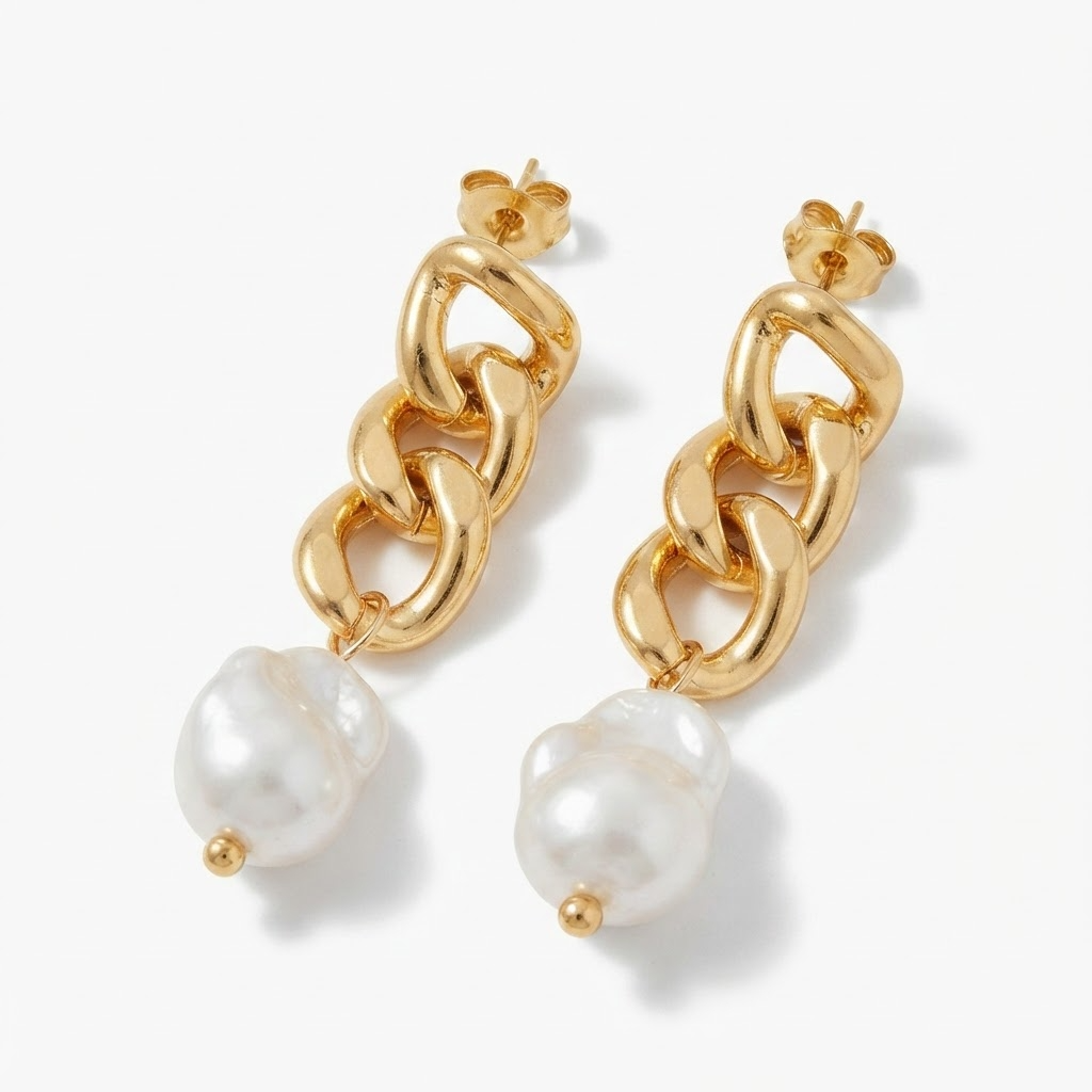 Gold-toned chunky curb chain link stud earrings with baroque faux pearl drop - bold chain link earrings with lustrous pearl pendant - jewelry product photo