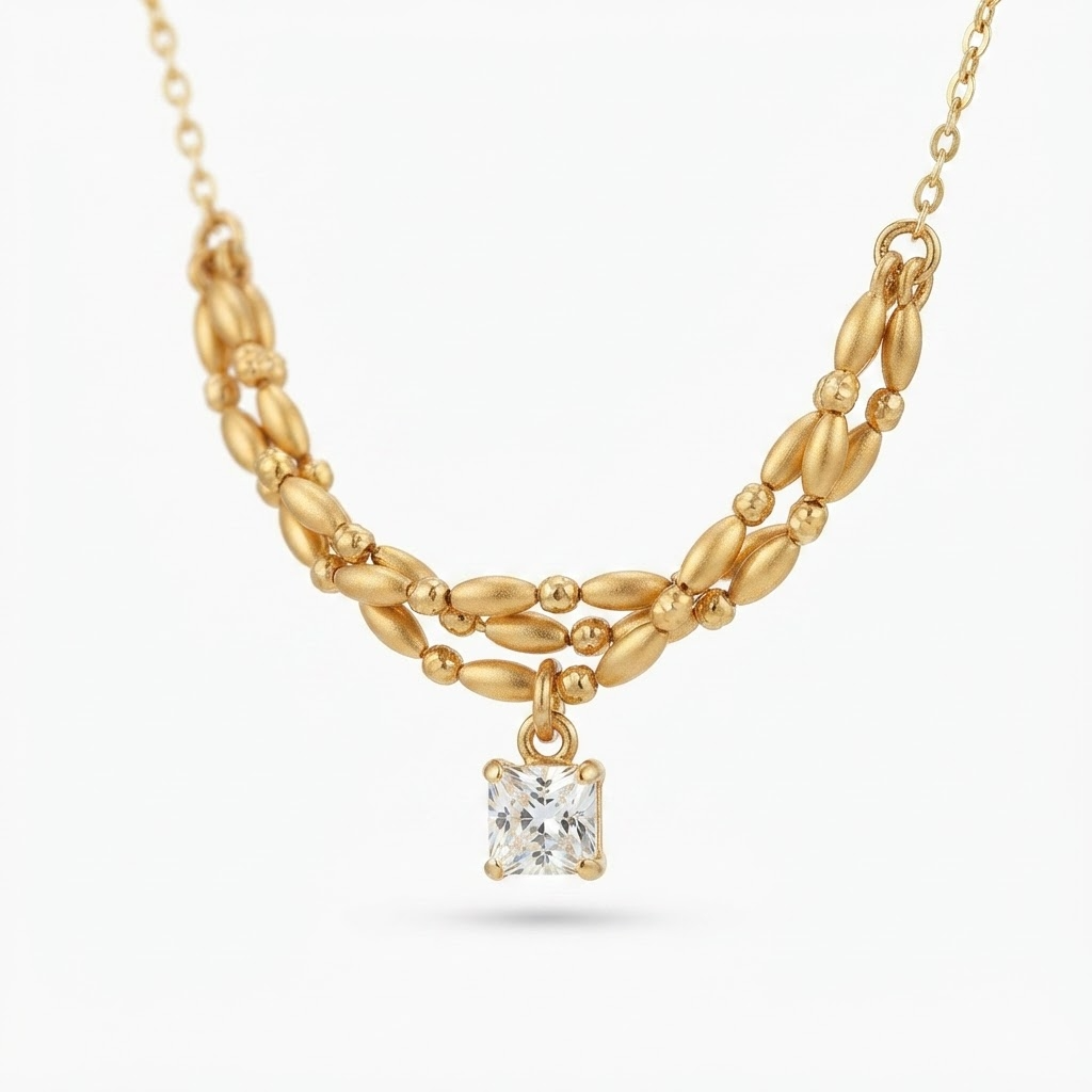 Gold-toned delicate necklace with double layered oval chain links and square crystal pendant - elegant layered chain necklace with princess-cut crystal drop - jewelry product photo