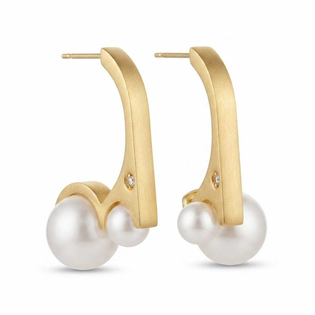 Gold-toned curved bar earrings with double faux pearl accent - modern sculptural bar earrings with graduated pearl beads - jewelry product photo