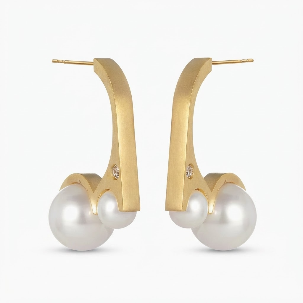Gold-toned curved bar earrings with double pearl detail - contemporary minimalist bar earrings with two pearl accents - close-up product photography