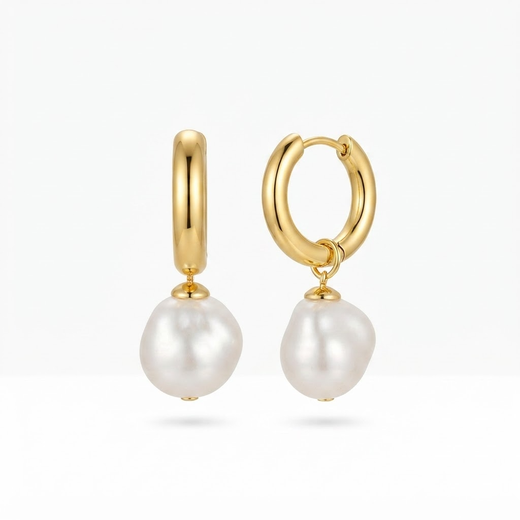 Gold-toned chunky huggie hoop earrings with baroque faux pearl drop - elegant thick hoop earrings with lustrous pearl pendant - jewelry product photo