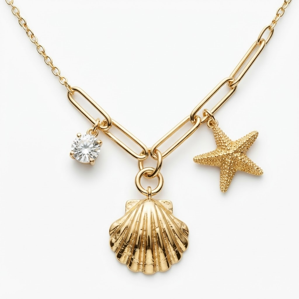 Gold-toned hybrid chain necklace with ocean charms detail – luxury necklace combining cable chain and paperclip links with textured seashell, starfish, and sparkling crystal charms – close-up product photography