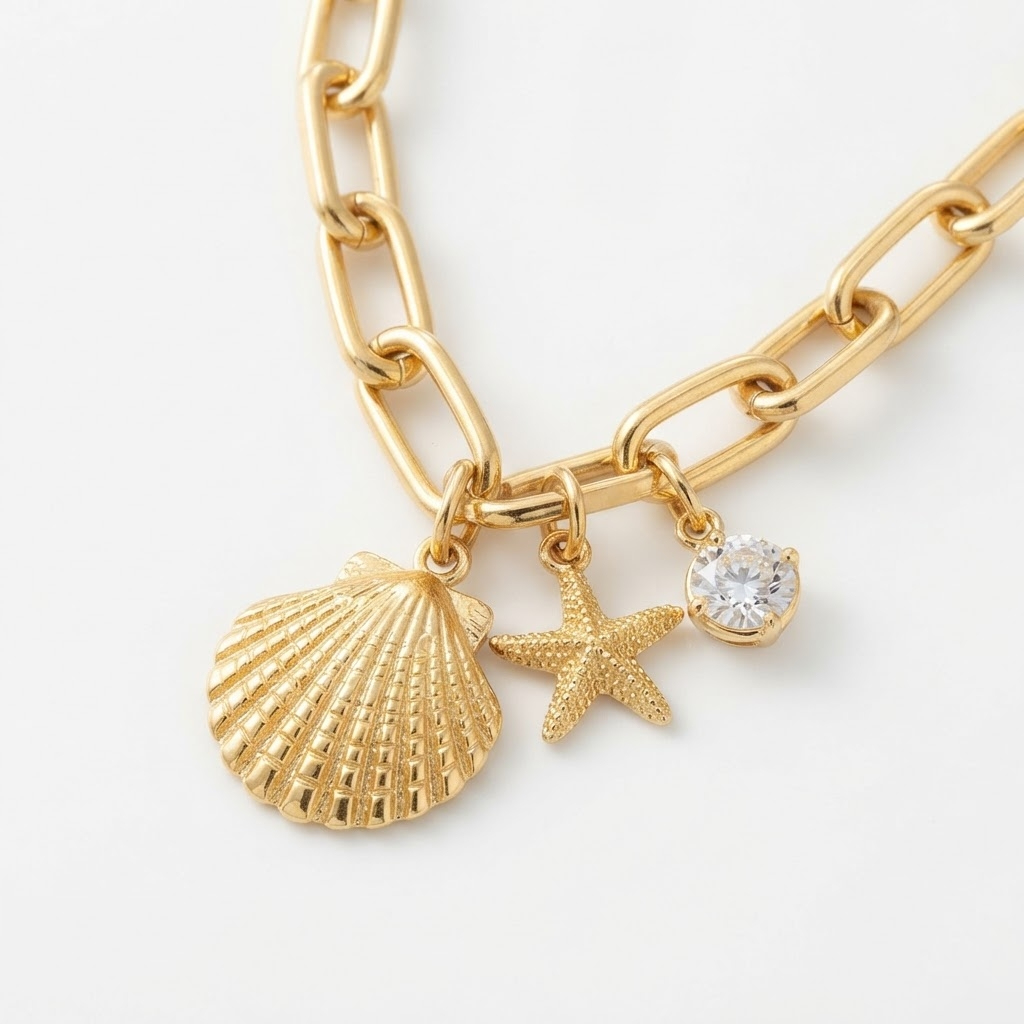 Gold-toned hybrid chain necklace with ocean charms detail – luxury necklace combining cable chain and paperclip links with textured seashell, starfish, and sparkling crystal charms – close-up product photography