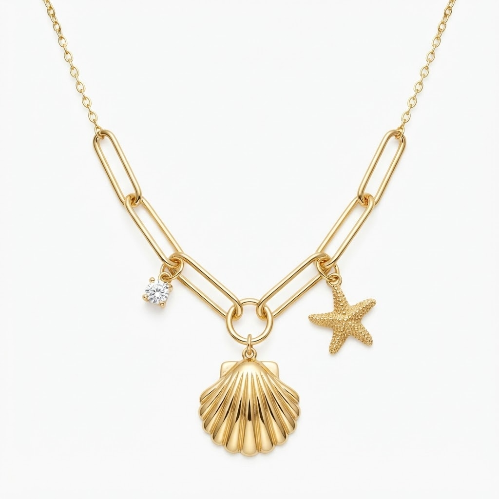 Gold-toned hybrid chain necklace with marine-themed charms – elegant mixed-chain necklace featuring asymmetrically placed scallop shell, starfish, and crystal cubic zirconia pendants in V-shape design – jewelry product photo