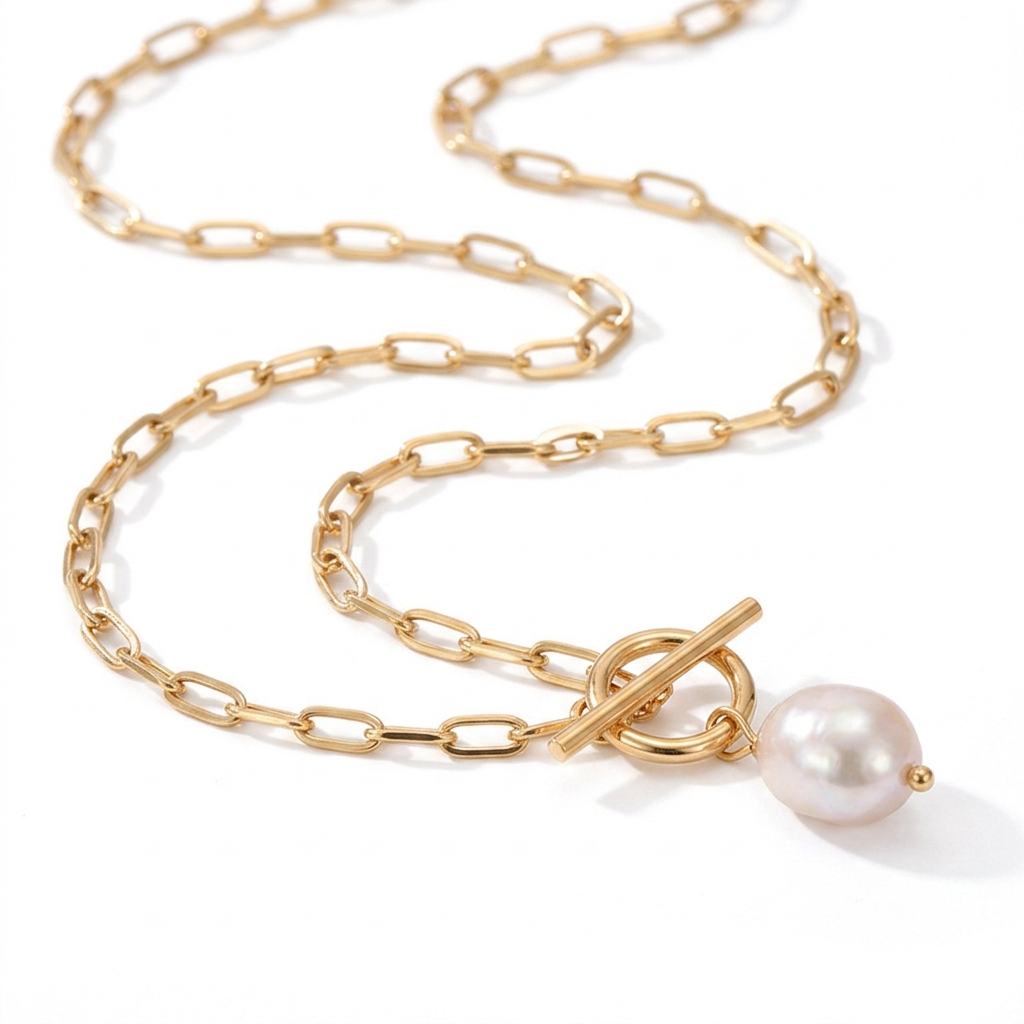 Gold-toned chain necklace with princess-faux pearl - elegant necklace with square stone and gold-colored link chain - jewelry product photo
