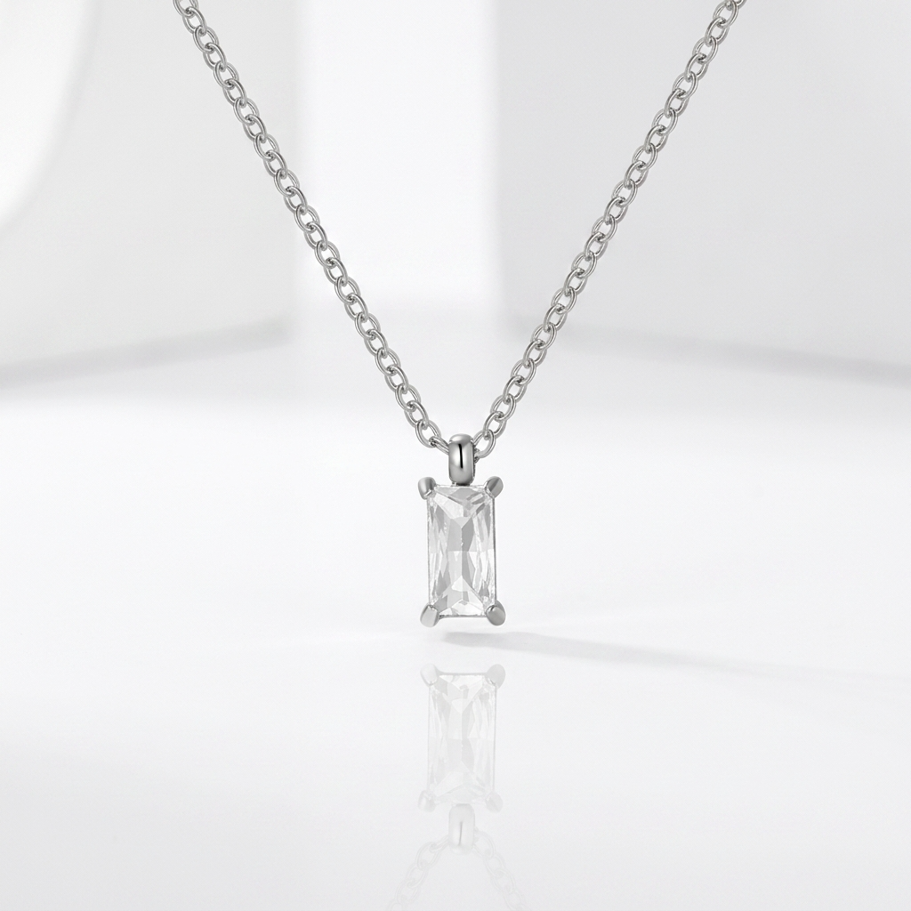 Dainty baguette cut zirconia pendant necklace in silver stainless steel – Velara