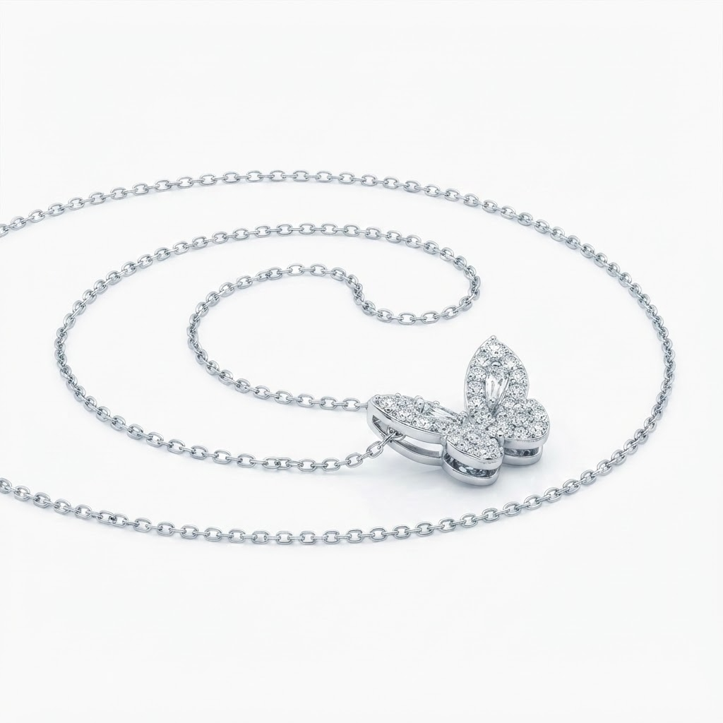 Silver-toned butterfly pendant necklace with crystal accents detail - luxury necklace with dimensional butterfly charm - close-up product photography
