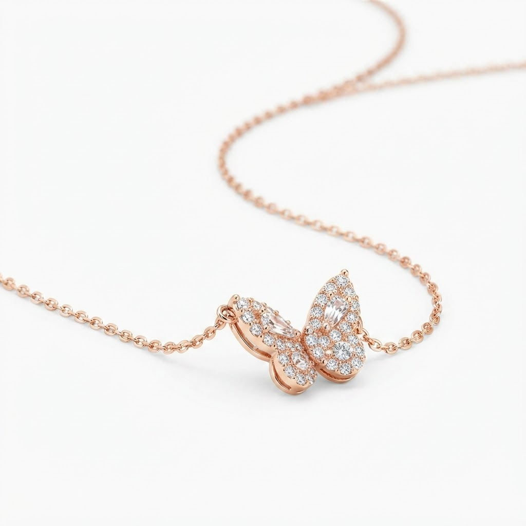 Rose gold-toned delicate chain necklace with large crystal butterfly pendant - elegant necklace with pavé crystal folded wing butterfly - jewelry product photo
