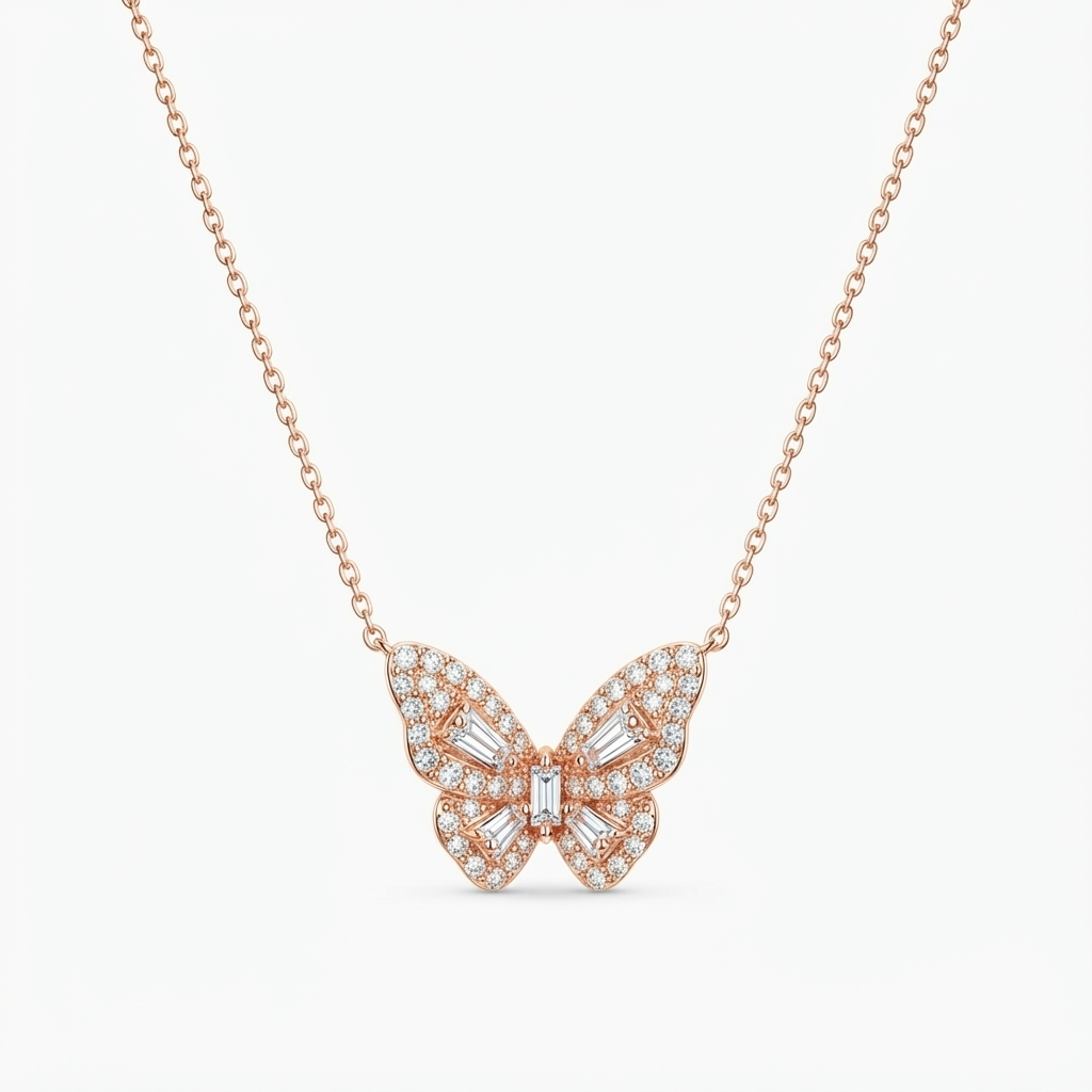 Rose gold-toned butterfly pendant necklace with crystal accents detail - luxury necklace with dimensional butterfly charm - close-up product photography
