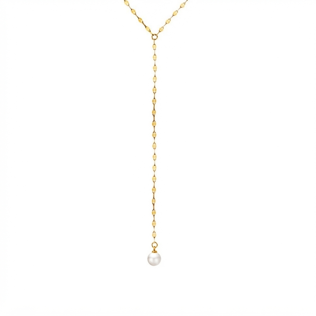 Gold-toned stainless steel Y-lariat necklace with faux pearl drop pendant - elegant adjustable Y-drop necklace with pearl-like bead - jewelry product photo
