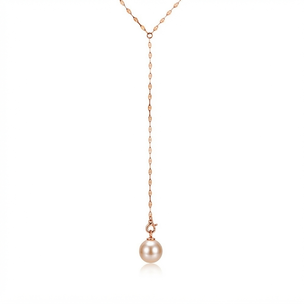 Rose gold-toned stainless steel Y-lariat necklace with faux pearl drop pendant - elegant adjustable Y-drop necklace with pearl-like bead - jewelry product photo
