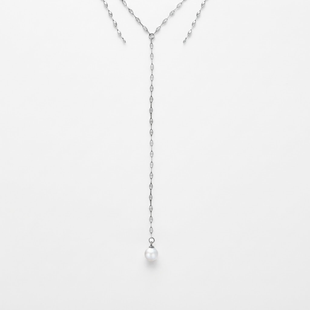 Silver-toned stainless steel Y-lariat necklace with faux pearl drop pendant - elegant adjustable Y-drop necklace with pearl-like bead - jewelry product photo
