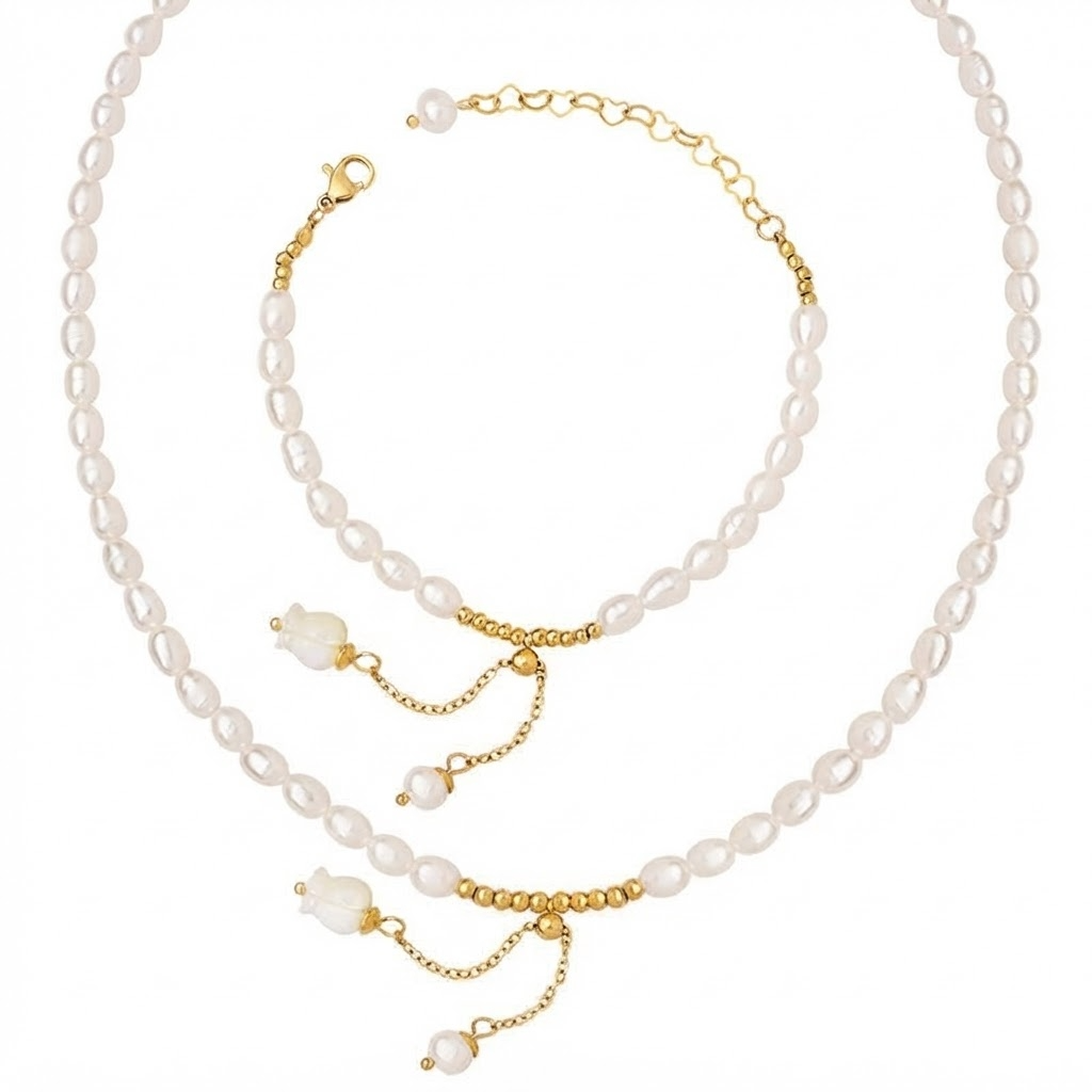 Faux pearl necklace and bracelet jewelry set with gold-toned slider closure - elegant matching pearl jewelry set with adjustable clasps and pearl drops - jewelry product photo

