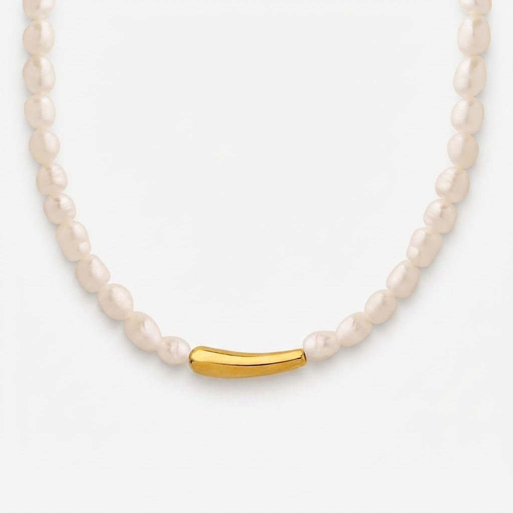 Faux pearl necklace with gold-toned curved tube centerpiece - elegant baroque pearl necklace with gold-tone bar accent - jewelry product photo
