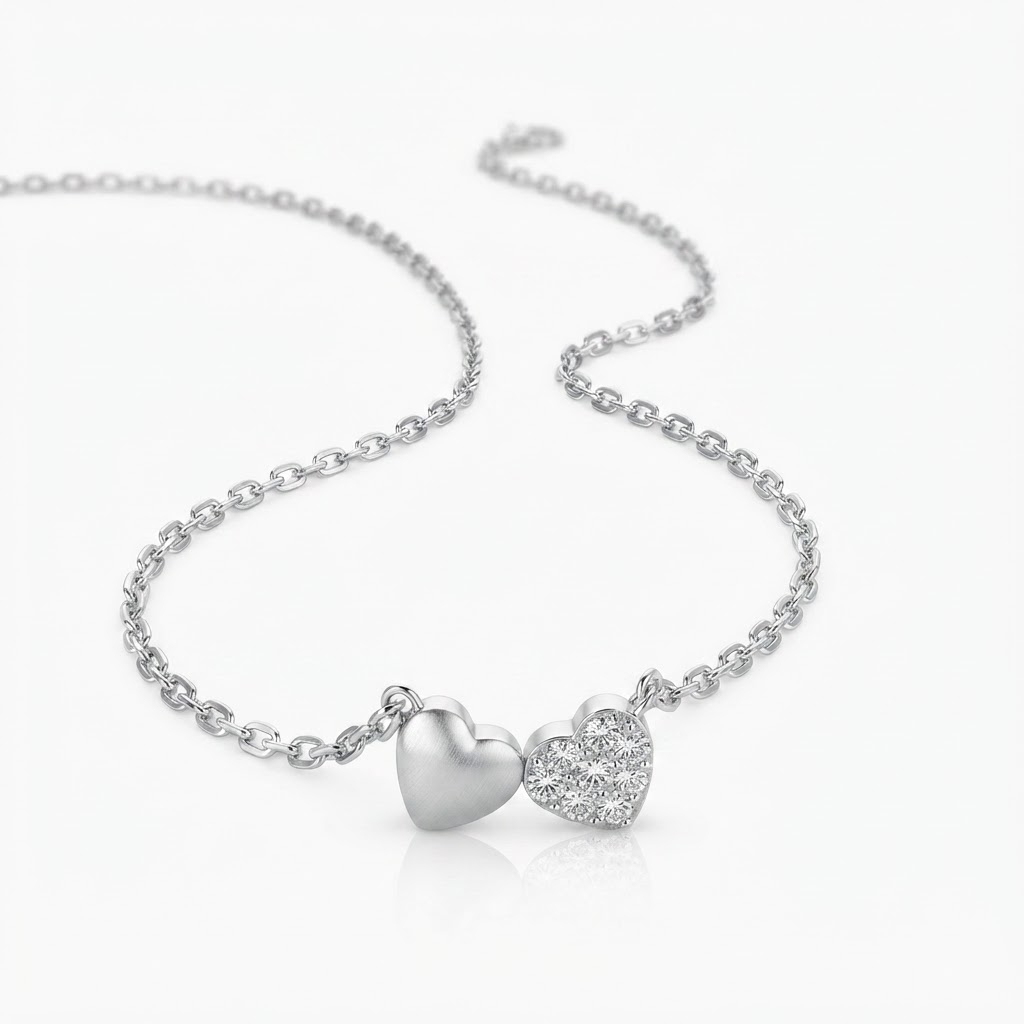 Silver-toned delicate chain necklace with double heart pendant - one solid heart and one crystal pavé heart - elegant romantic jewelry product photo
