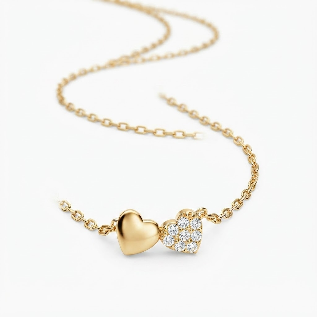 Gold-toned double heart necklace detail - luxury necklace with solid and crystal-encrusted heart charms - close-up product photography
