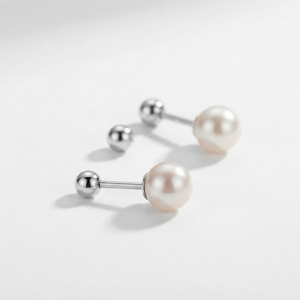 Silver-toned double-sided pearl barbell stud earrings - elegant front-back earrings with silver ball and faux pearl - jewelry product photo
