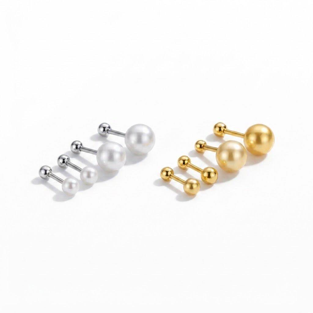 Pearl barbell stud earrings size comparison - 4mm and 6mm faux pearl front-back earrings in gold-toned and silver-toned - jewelry product photo showing size options
