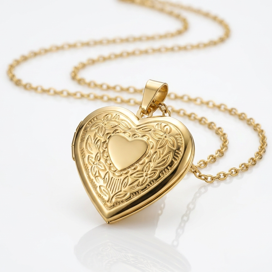 Goudkleurig hartvormig medaillon met ornamentele gravure op reflecterend wit oppervlak, toont glanzende afwerking en spiegeling aan gouden ketting
