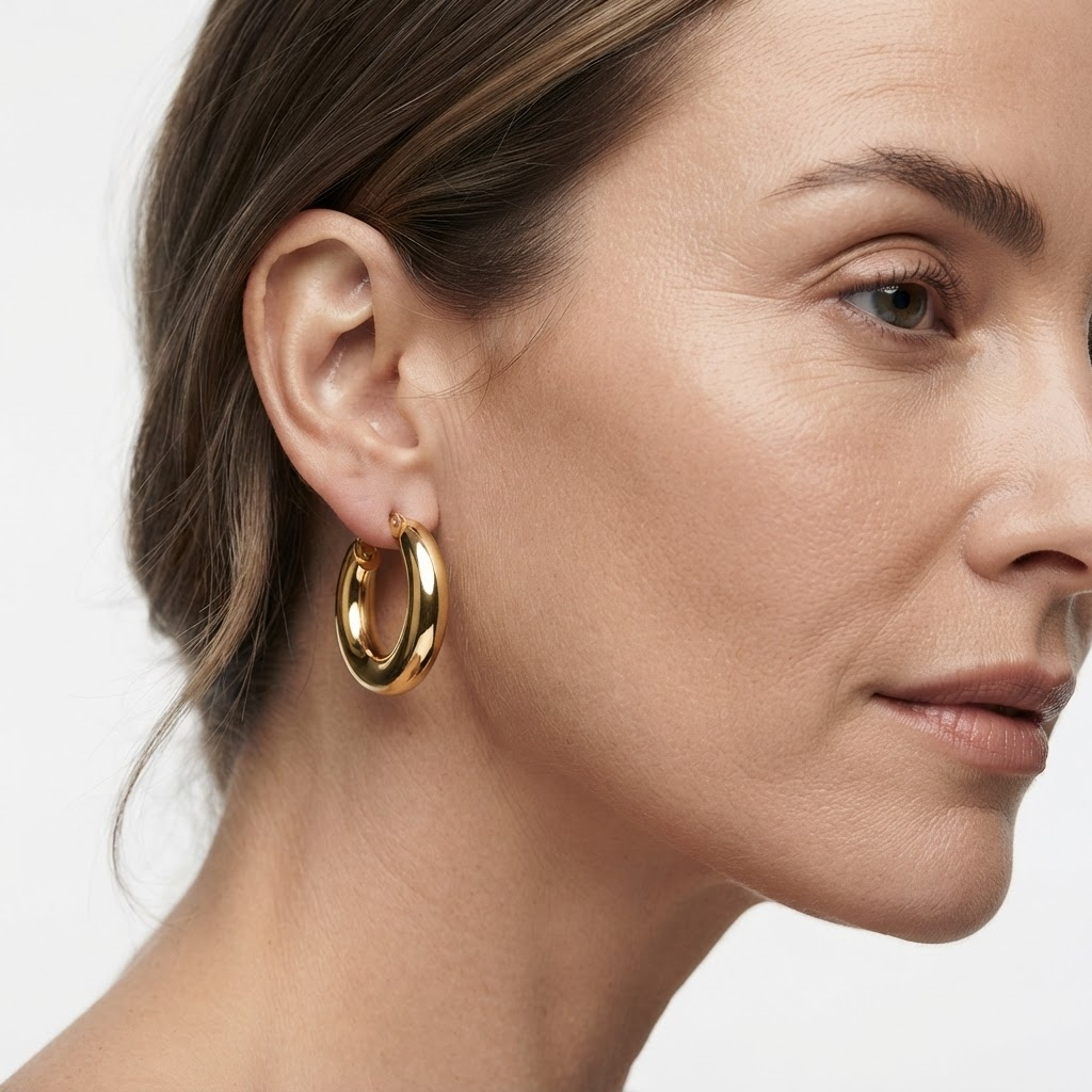 Woman wearing gold-toned chunky thick hoop earrings - elegant wide hoop earrings styling photo - luxury jewelry lifestyle photography