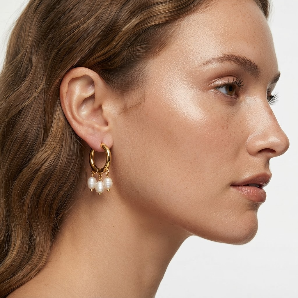 Woman wearing gold-toned chunky thick hoop earrings with three faux pearl drops - elegant wide hoop earrings with pearl charms styling photo - luxury jewelry lifestyle photograph