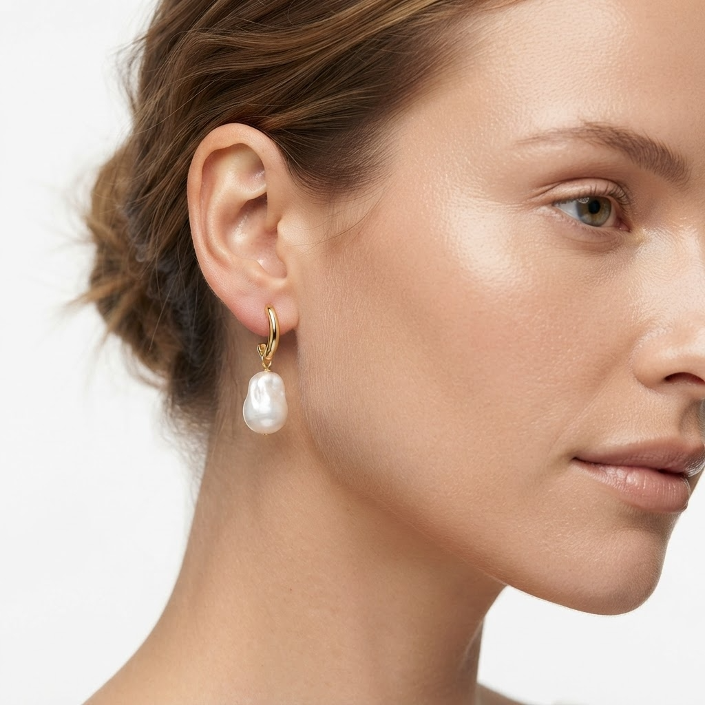 Woman wearing gold-toned J-hoop earrings with baroque faux pearl drop - elegant curved hoop and pearl earrings styling photo - luxury jewelry lifestyle photography