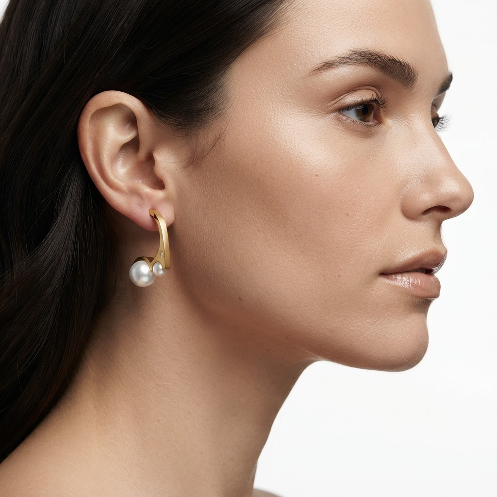Woman wearing gold-toned curved bar earrings with double faux pearl accent - modern sculptural bar and pearl earrings styling photo - luxury jewelry lifestyle photography