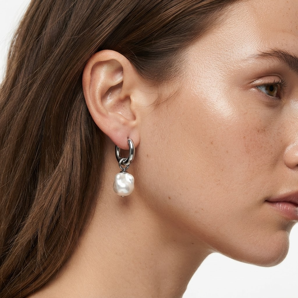 Woman wearing silver-toned chunky huggie hoop earrings with baroque faux pearl drop - elegant thick hoop and pearl earrings styling photo - luxury jewelry lifestyle photography