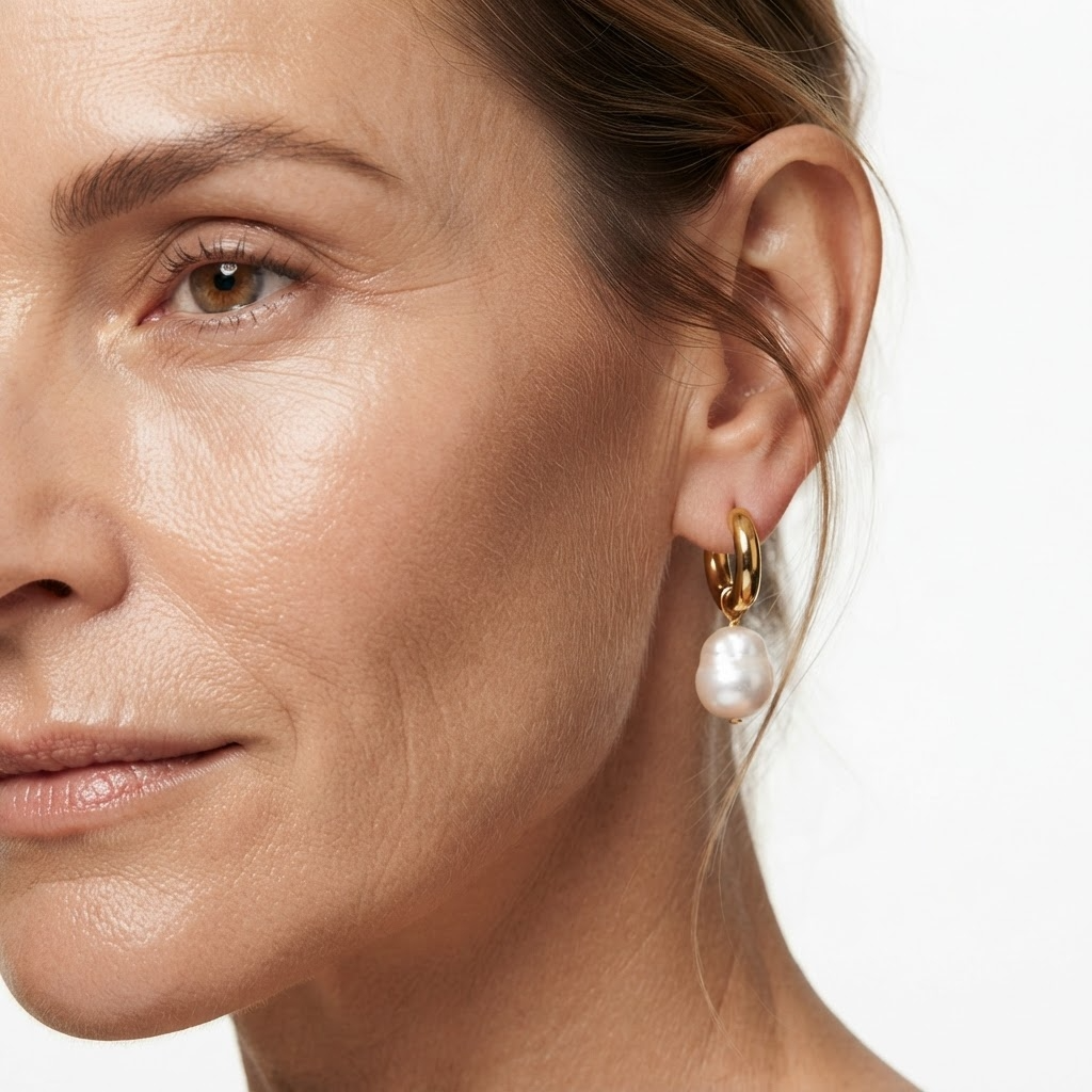 Woman wearing gold-toned chunky huggie hoop earrings with baroque faux pearl drop - elegant thick hoop and pearl earrings styling photo - luxury jewelry lifestyle photography