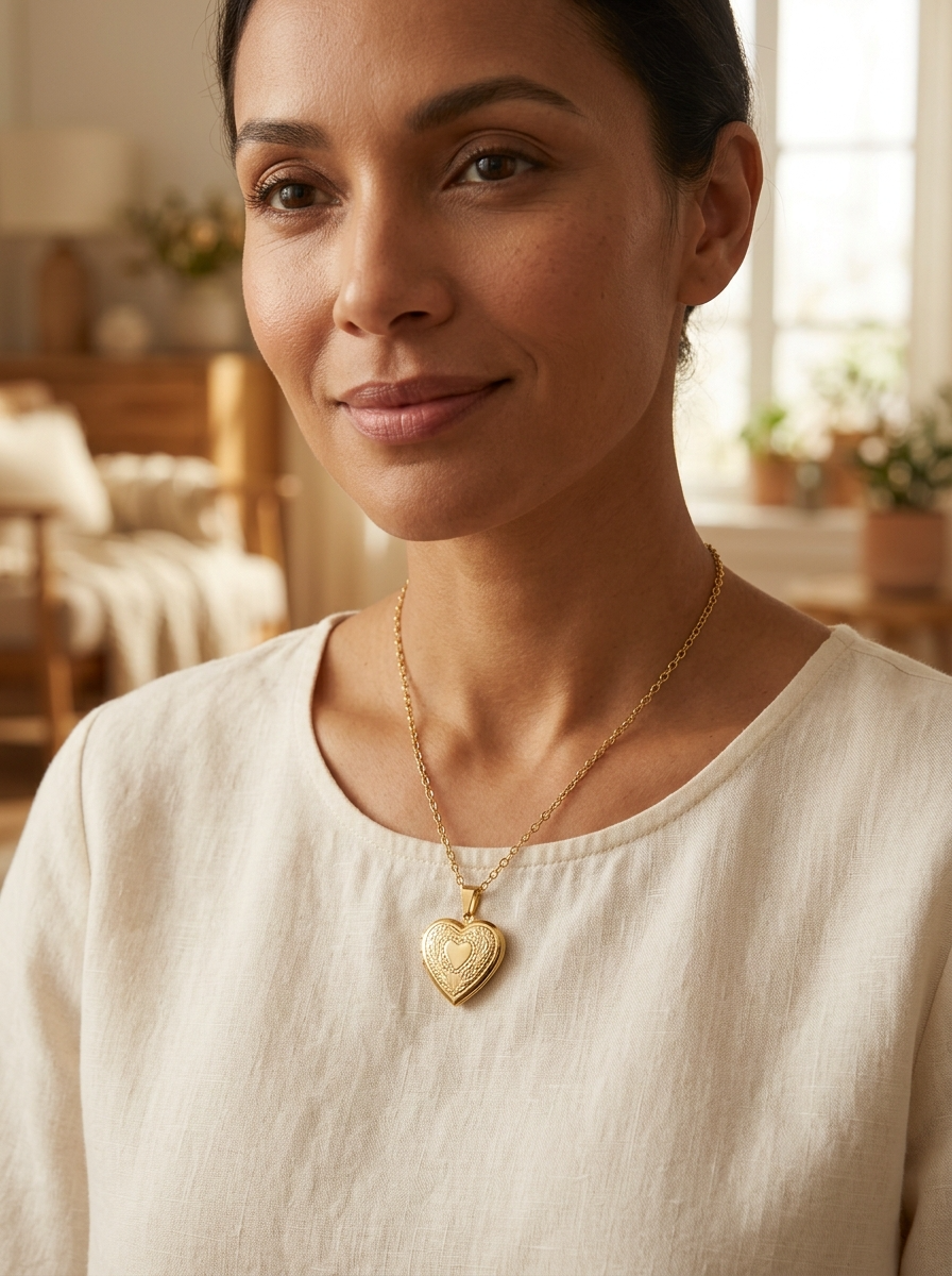 Vrouw draagt goudkleurig hartvormig medaillon met bloemengravure op crèmekleurig linnen blouse, lifestyle sieradenfotografie met natuurlijk licht