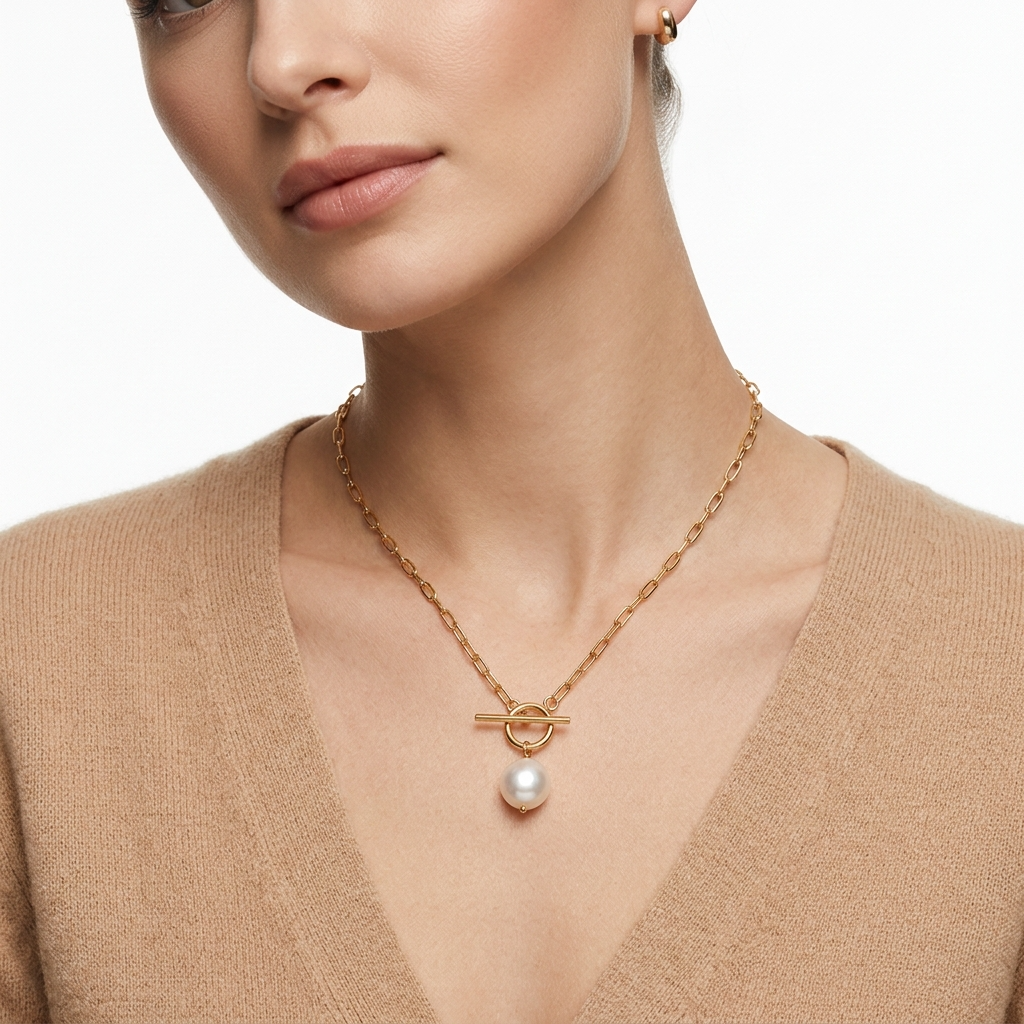 Woman wearing gold-toned chain necklace with faux pearl - elegant necklace styling photo - luxury jewelry lifestyle photography
