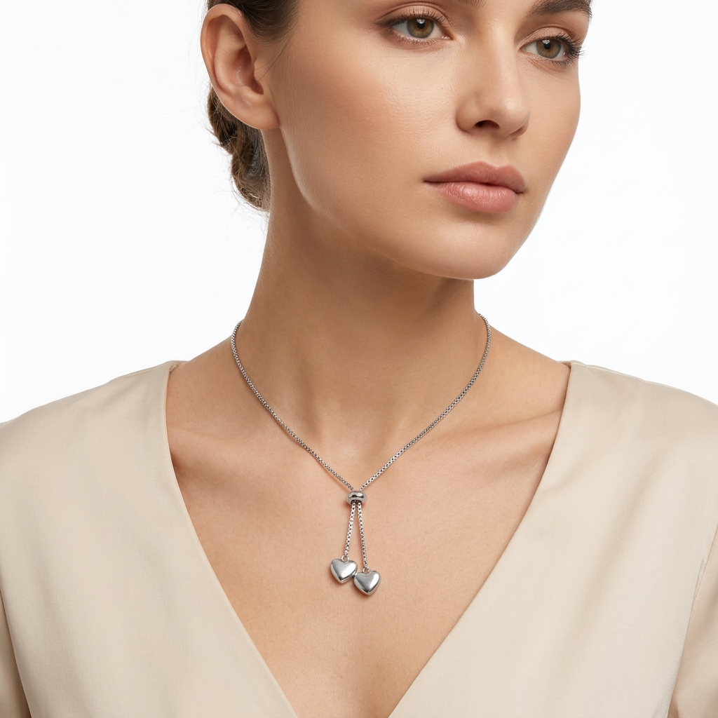 Woman wearing silver-toned adjustable bolo necklace with heart-shaped charms - elegant heart necklace styling photo - luxury jewelry lifestyle photography
