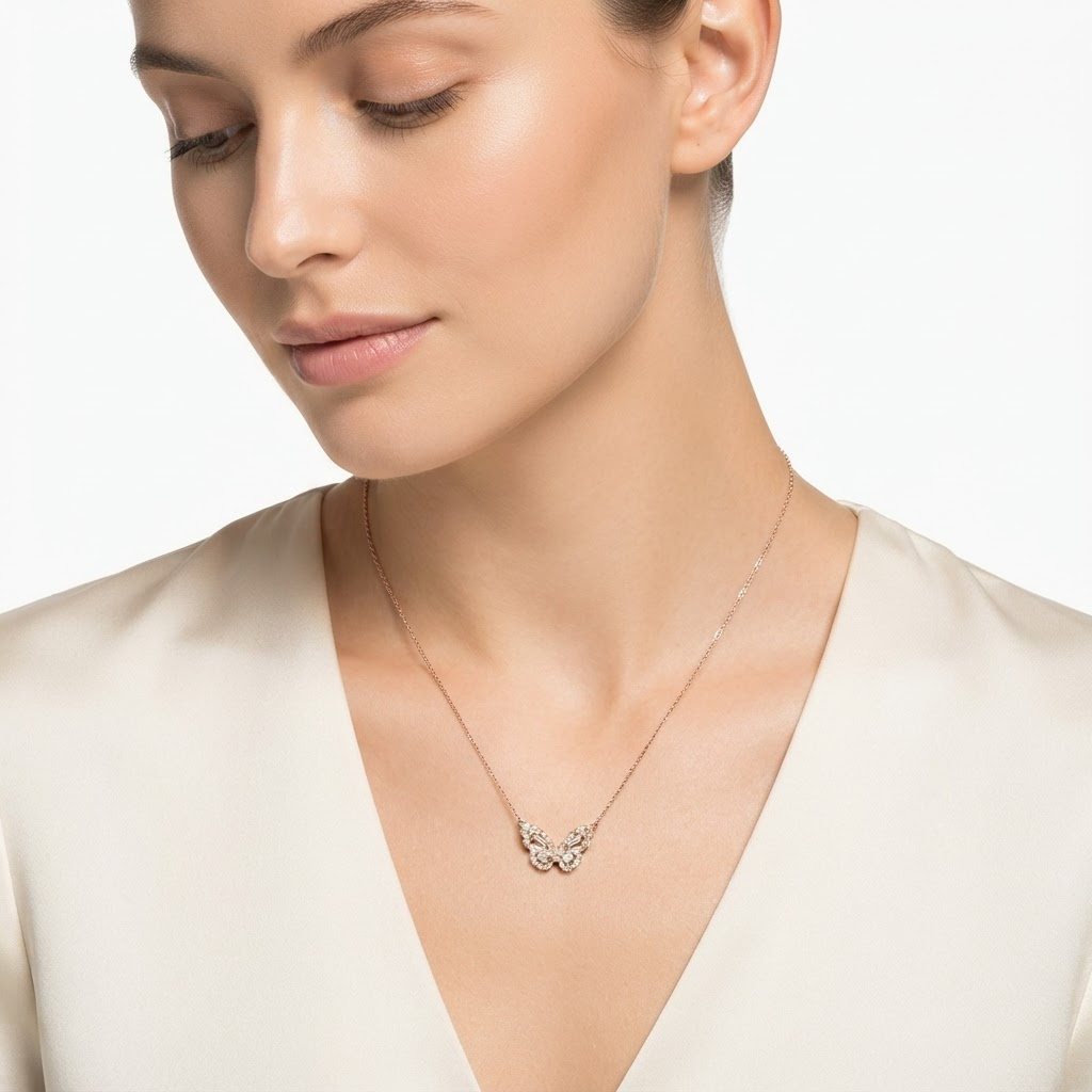 Woman wearing rose gold-toned chain necklace with large crystal butterfly pendant - elegant butterfly necklace styling photo - luxury jewelry lifestyle photography
